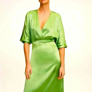 NEW MNG Mango Satin Green Long Formal Maxi V-Neck 3/4 Sleeve Minimalist‎ Dress 6